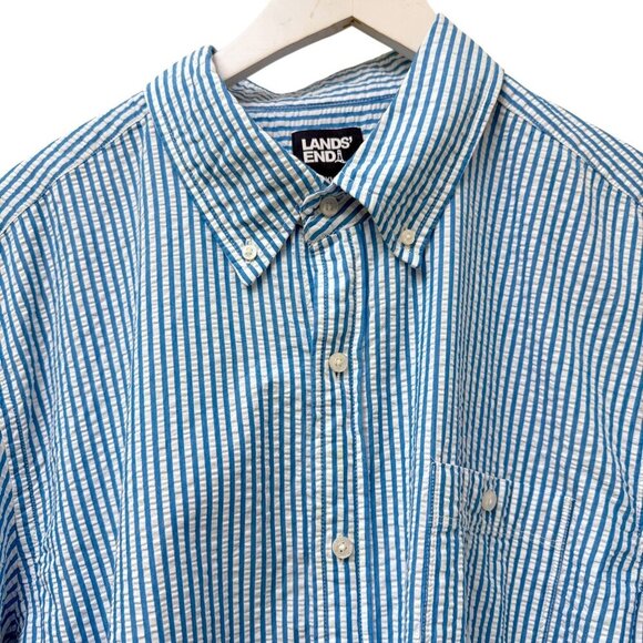 LANDS END Mens Seersucker Shirt XL Short Sleeve Cotton Blue Stripe Preppy Casual - Picture 7 of 9